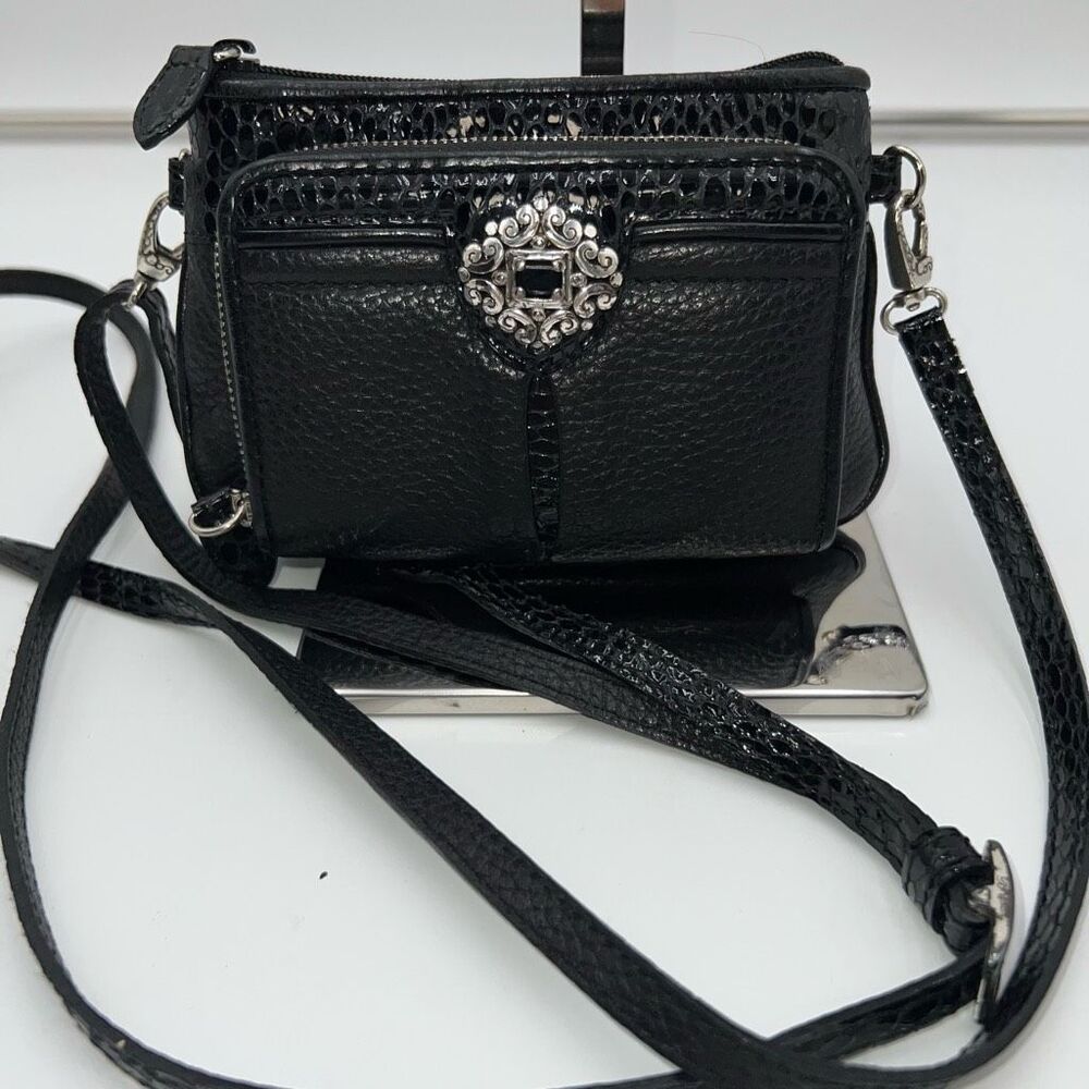 Brighton Black Leather Croc Embossed Organizer Crossbody Bag